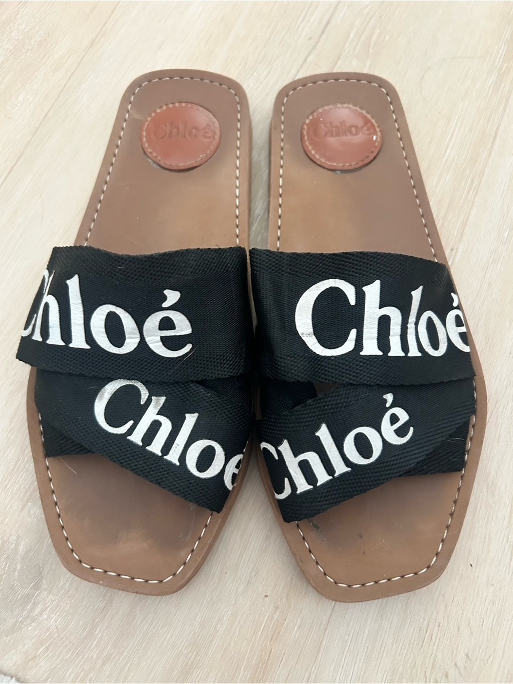 Chloé Woody Logo Slide Sandals Black/Tan Size 38